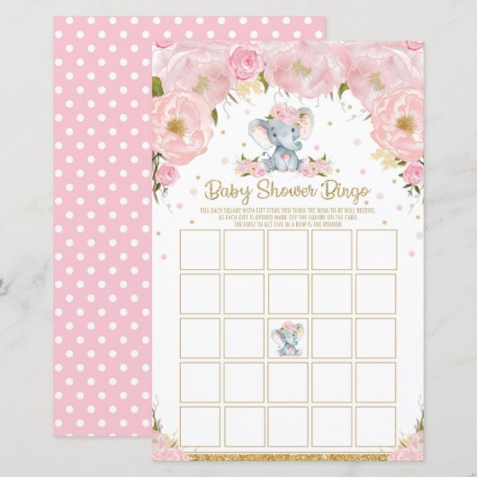 Elephant Baby shower Bingo Game Activity Baby Girl (Voorkant / Achterkant)