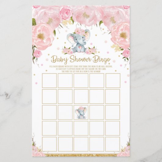 Elephant Baby shower Bingo Game Activity Baby Girl (Voorkant)