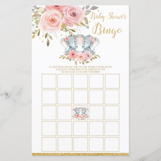 Elephant Baby shower Bingo Game Activity Twin Girl (Voorkant)
