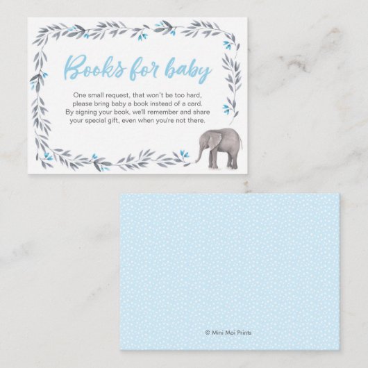 Elephant Baby shower Boeken voor baby blauw Informatiekaartje (Voorkant / Achterkant)