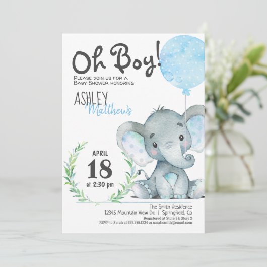 Elephant Baby shower Boy Invitation Kaart (Staand voorkant)
