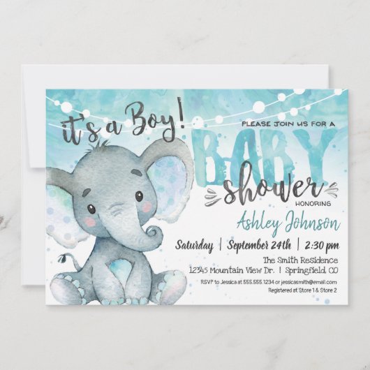 Elephant Baby shower Boy Invitation Kaart (Voorkant)