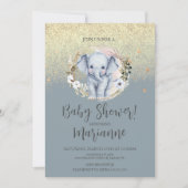 Elephant Baby shower Faux Gold Glitter Dusty Blue Kaart (Voorkant)
