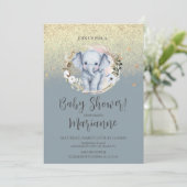 Elephant Baby shower Faux Gold Glitter Dusty Blue Kaart (Staand voorkant)