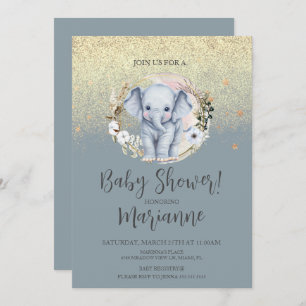 Elephant Baby shower Faux Gold Glitter Dusty Blue Kaart