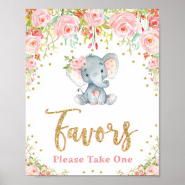 Elephant Baby shower Favors Sign Pink Roses Girly Poster