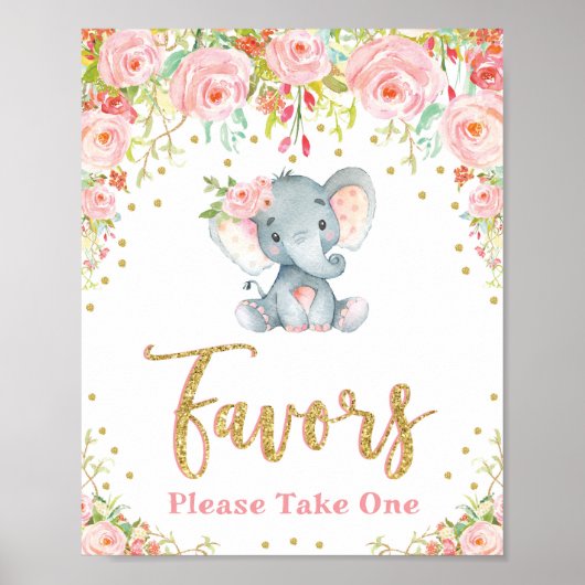 Elephant Baby shower Favors Sign Pink Roses Girly Poster (Voorkant)