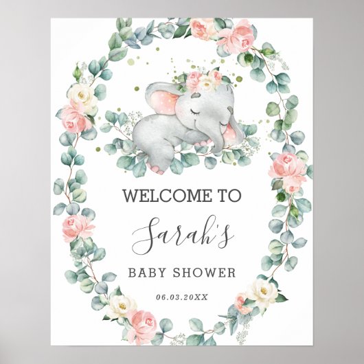 Elephant Baby shower Floral Greenery Welcome Poster (Voorkant)