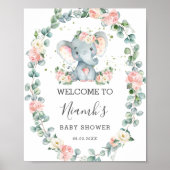 Elephant Baby shower Floral Greenery Welcome Poster (Voorkant)