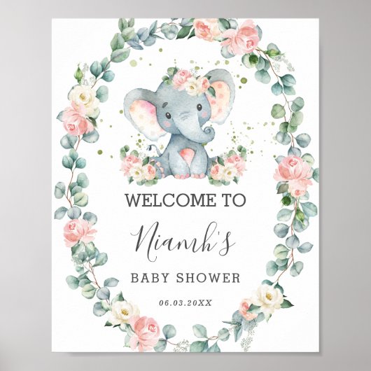 Elephant Baby shower Floral Greenery Welcome Poster (Voorkant)