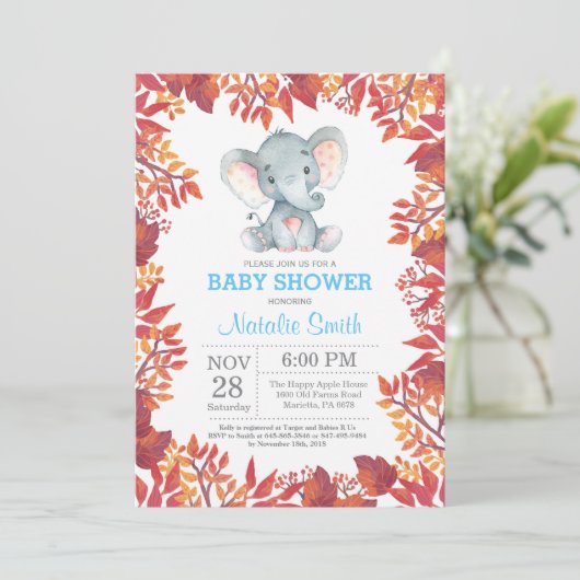 Elephant Baby shower Floral Herfst najaar uitnodig Kaart (Staand voorkant)