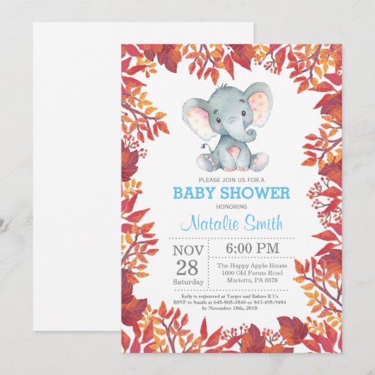 Elephant Baby shower Floral Herfst najaar uitnodig Kaart (Voorkant / Achterkant)