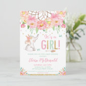 Elephant Baby shower Girl Boho Pink Mint Floral Kaart (Staand voorkant)