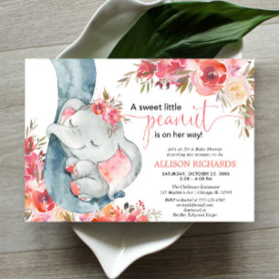 Elephant baby shower girl coral floral watercolos kaart