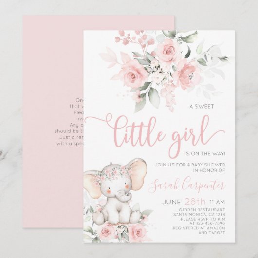 Elephant Baby shower Girl Invitation Kaart (Voorkant / Achterkant)