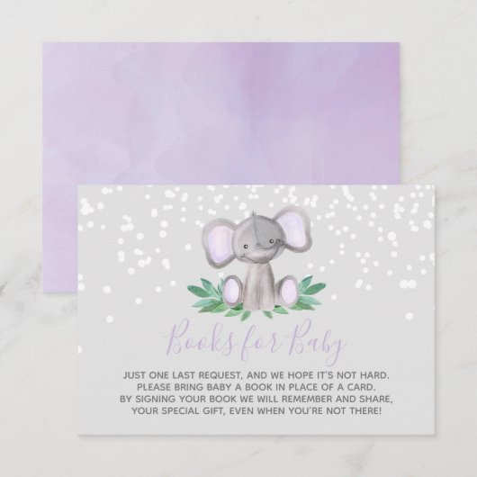 Elephant Baby shower Girl Paarse Books for Baby Informatiekaartje (Voorkant / Achterkant)