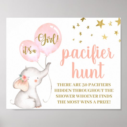 Elephant Baby shower Girl Pacifier Hunt-teken Poster (Voorkant)