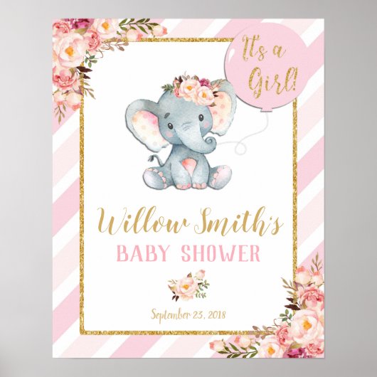 Elephant Baby shower Girl Pink Welcome Poster Sign (Voorkant)