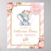 Elephant Baby shower Girl Pink Welcome Poster Sign