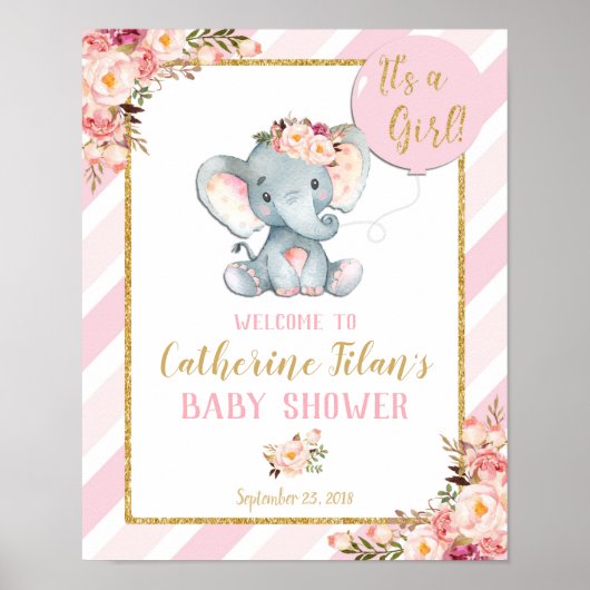 Elephant Baby shower Girl Pink Welcome Poster Sign (Voorkant)