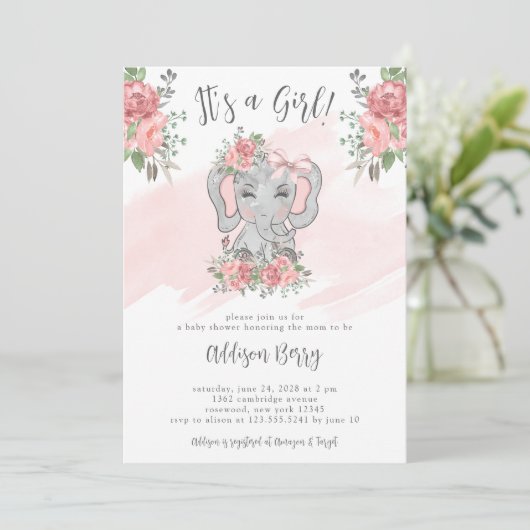 Elephant Baby shower Het is een meisjesuitnodiging Kaart (Staand voorkant)