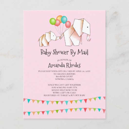 Elephant Baby shower Invision by Mail Pink Uitnodiging Briefkaart (Voorkant)
