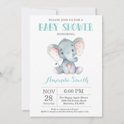 Elephant Baby shower Invitation Aqua and Grey Kaart (Voorkant)