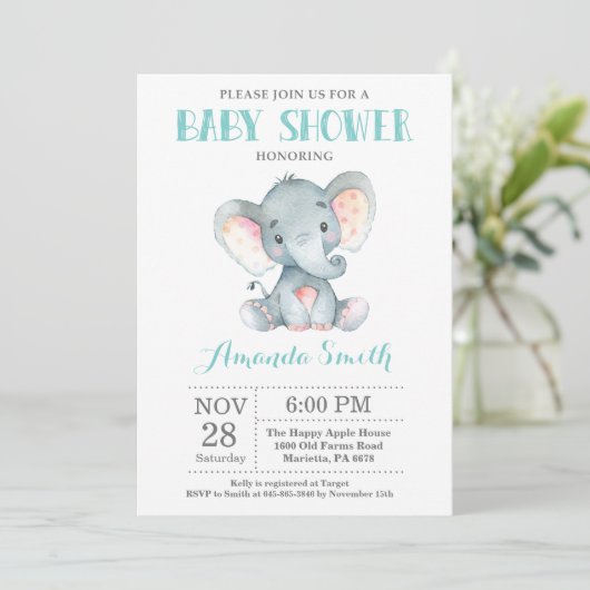 Elephant Baby shower Invitation Aqua and Grey Kaart (Staand voorkant)