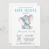 Elephant Baby shower Invitation Aqua and Grey Kaart (Voorkant / Achterkant)