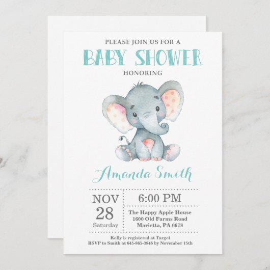 Elephant Baby shower Invitation Aqua and Grey Kaart (Voorkant / Achterkant)