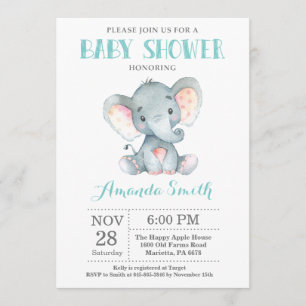 Elephant Baby shower Invitation Aqua and Grey Kaart