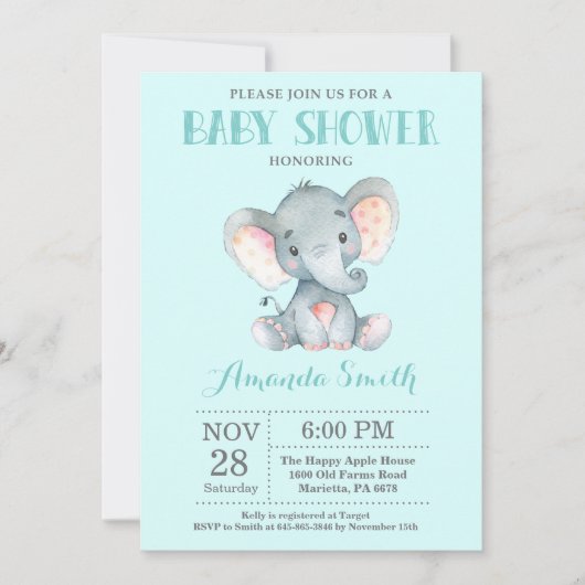 Elephant Baby shower Invitation Aqua and Grey Kaart (Voorkant)