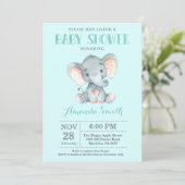 Elephant Baby shower Invitation Aqua and Grey Kaart (Staand voorkant)