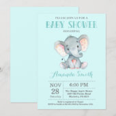 Elephant Baby shower Invitation Aqua and Grey Kaart (Voorkant / Achterkant)