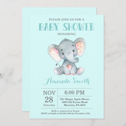 Elephant Baby shower Invitation Aqua and Grey Kaart (Voorkant / Achterkant)