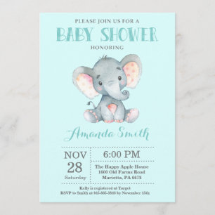 Elephant Baby shower Invitation Aqua and Grey Kaart