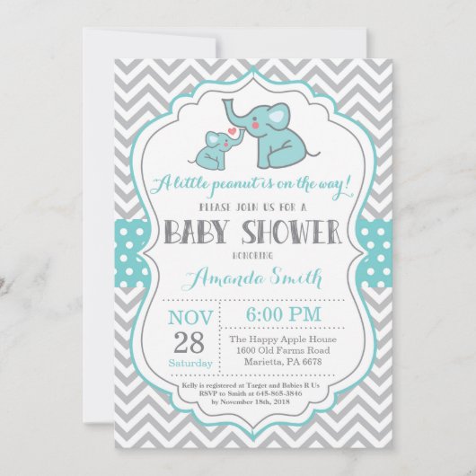 Elephant Baby shower Invitation Aqua and Grey Kaart (Voorkant)