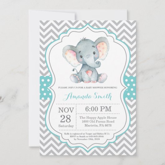 Elephant Baby shower Invitation Aqua and Grey Kaart (Voorkant)