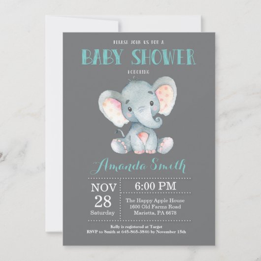 Elephant Baby shower Invitation Aqua and Grey Kaart (Voorkant)