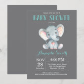Elephant Baby shower Invitation Aqua and Grey Kaart (Voorkant / Achterkant)