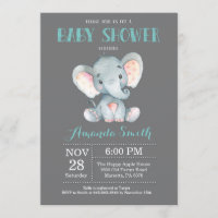 Elephant Baby shower Invitation Aqua and Grey