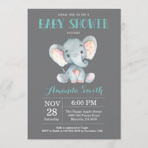 Elephant Baby shower Invitation Aqua and Grey Kaart