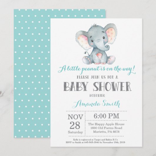 Elephant Baby shower Invitation Aqua and Grey Kaart (Voorkant / Achterkant)