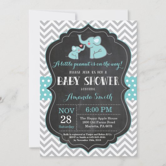 Elephant Baby shower Invitation Aqua and Grey Kaart (Voorkant)