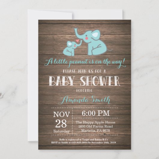 Elephant Baby shower Invitation Aqua Rustic Kaart (Voorkant)