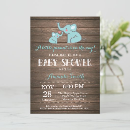 Elephant Baby shower Invitation Aqua Rustic Kaart (Staand voorkant)