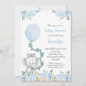 Elephant Baby shower Invitation Balloons Blue Baby Kaart (Voorkant)