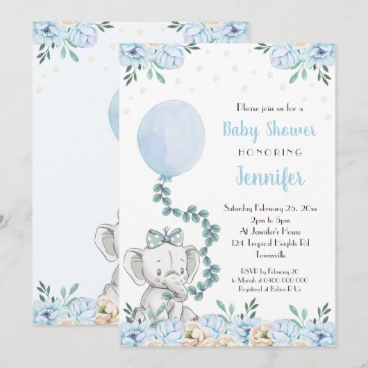 Elephant Baby shower Invitation Balloons Blue Baby Kaart (Voorkant / Achterkant)