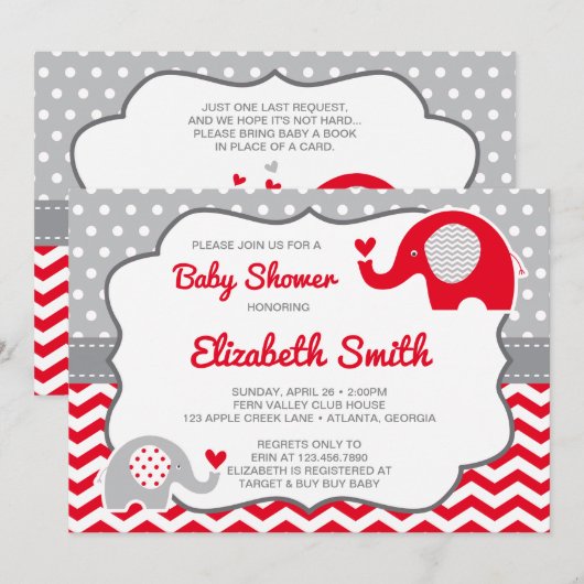 Elephant Baby shower Invitation, bewerkbare kleur Kaart (Voorkant / Achterkant)
