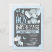 Elephant Baby shower Invitation, blauw en grijs Kaart (Voorkant)